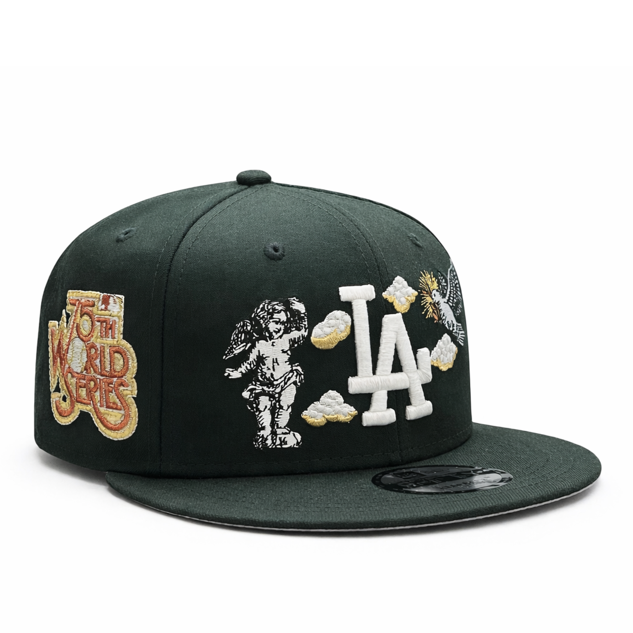 Front view of New Era Los Angeles Dodgers black cherub 75th World Series snapback hat
