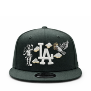 Front 2 view of New Era Los Angeles Dodgers black cherub 75th World Series snapback hat