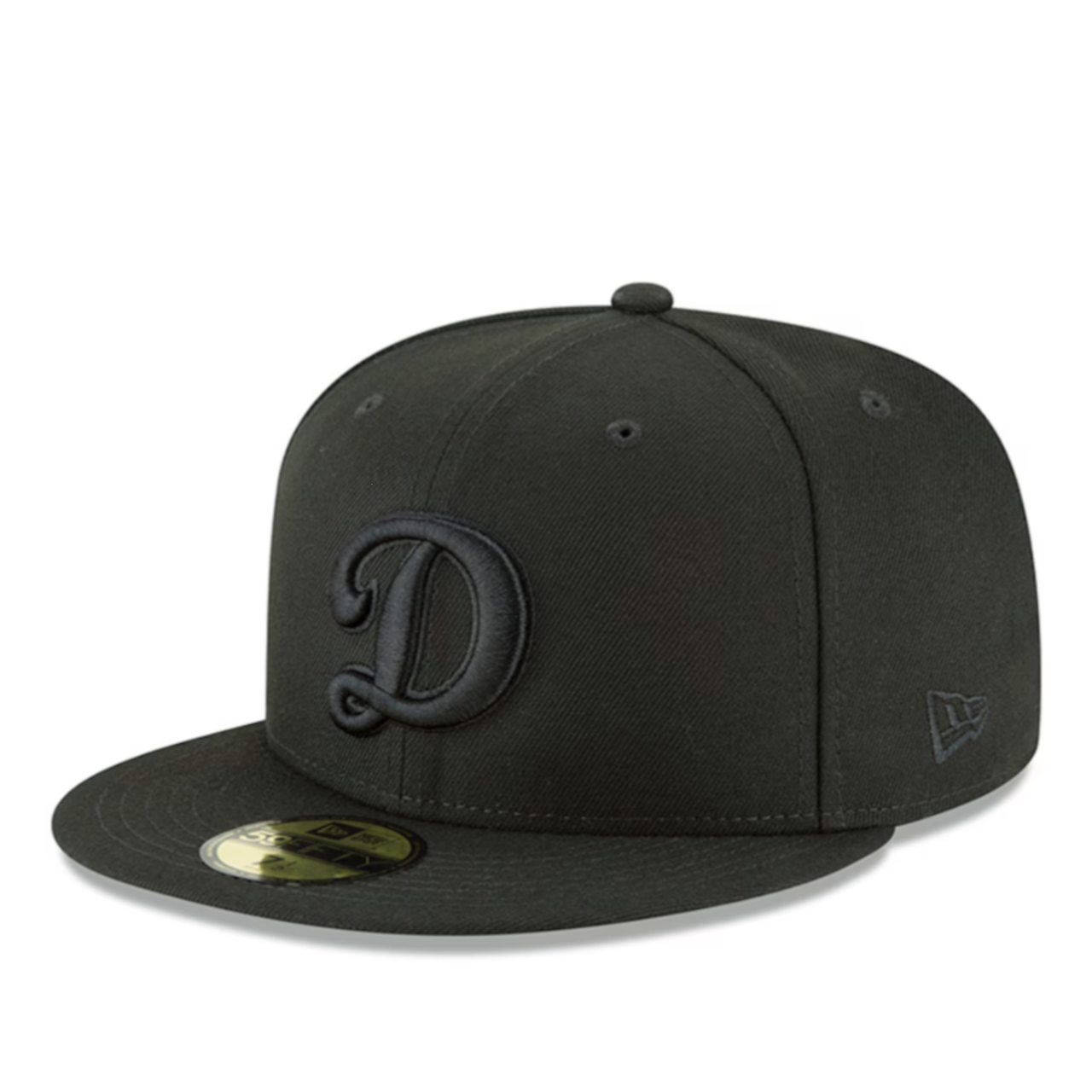 New Era Los Angeles Dodgers D logo black on black 59FIFTY fitted hat front left view