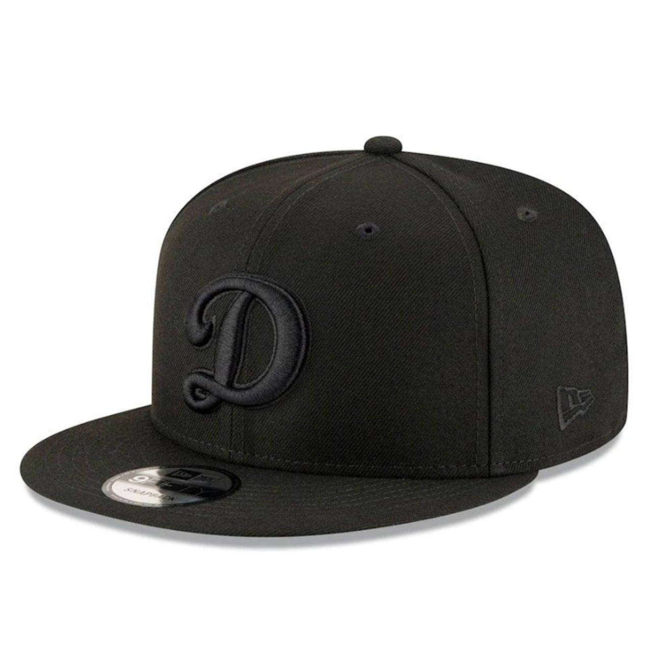 New Era Los Angeles Dodgers D logo black on black 9FIFTY snapback hat front view