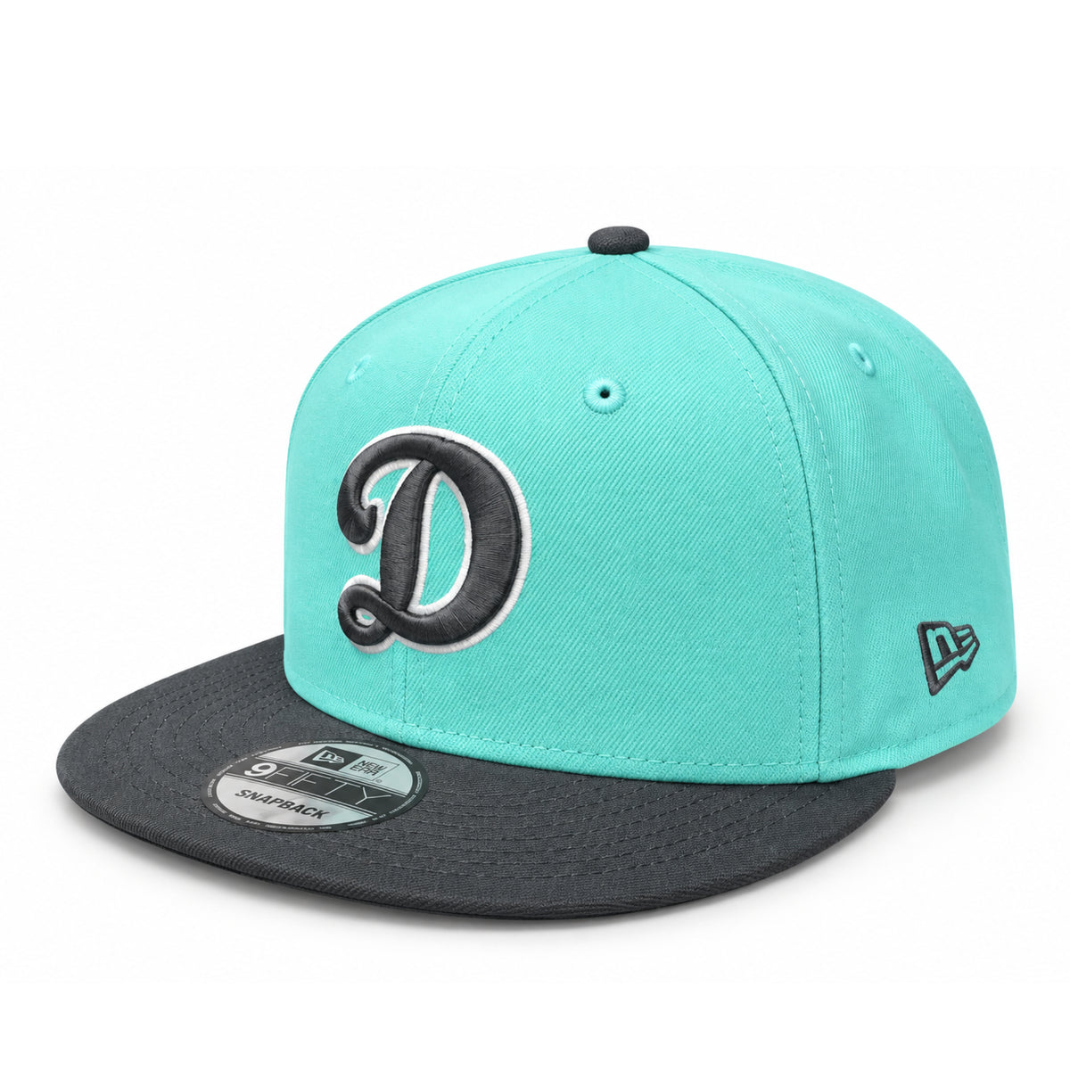 New Era Los Angeles Dodgers D Logo Turquoise/Charcoal 9FIFTY Snapback Hat front angled view