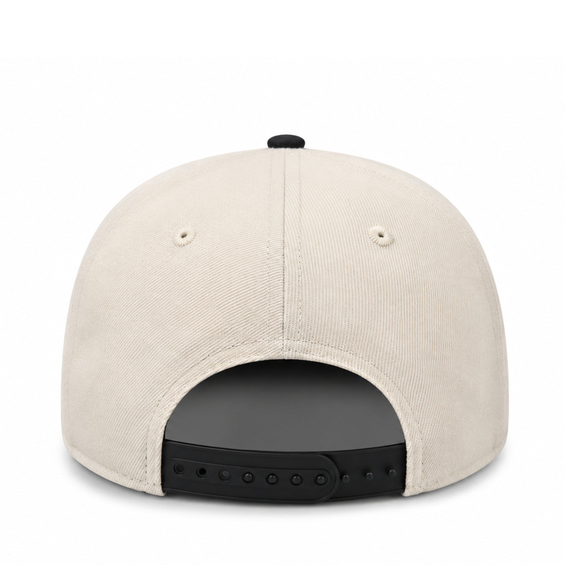 Beige cap with black interior and strap on a white background