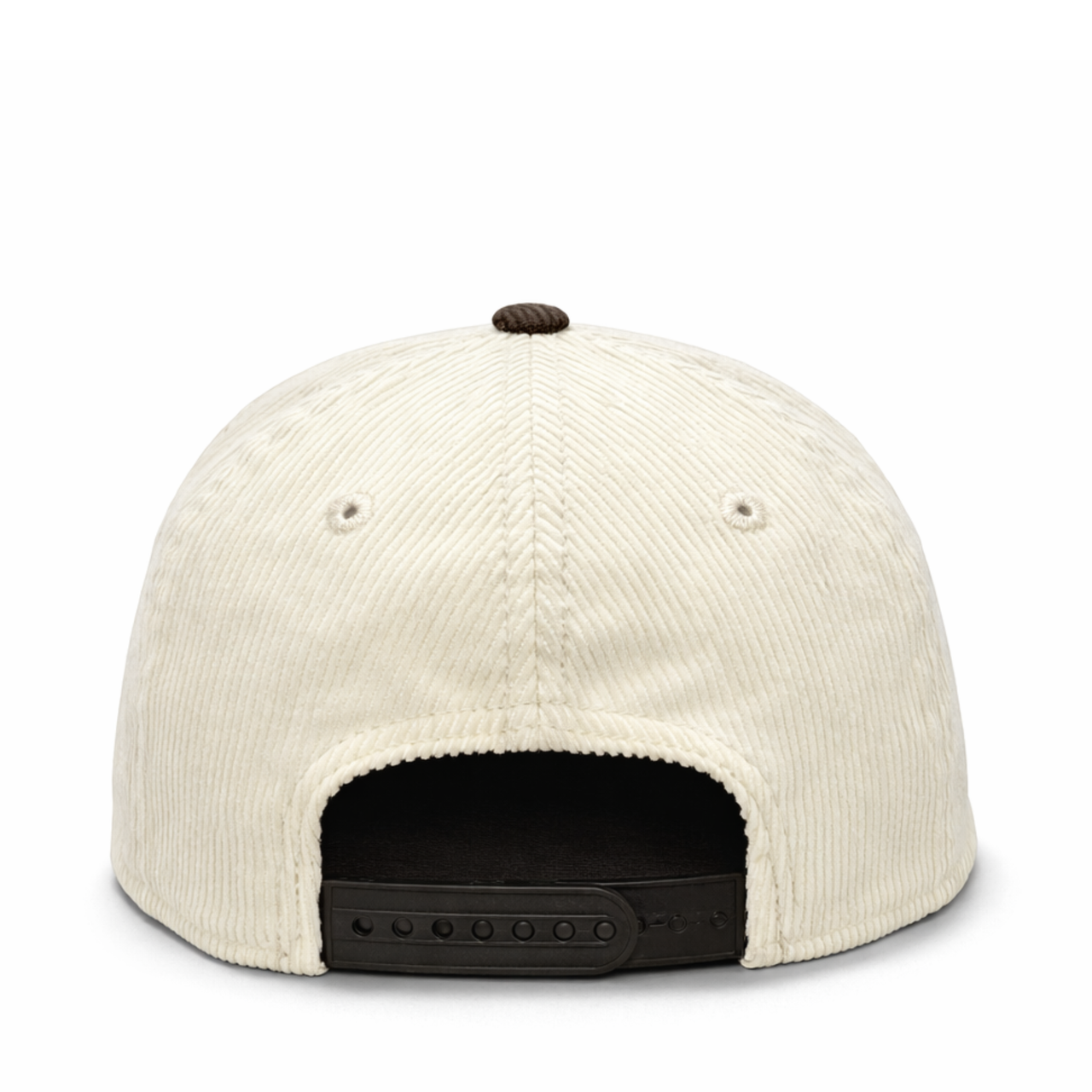 back view of a New Era Los Angeles Dodgers upside down corduroy 9FORTY A-Frame snapback hat in cream with a walnut brown visor and chrome-style LA logo Snapback