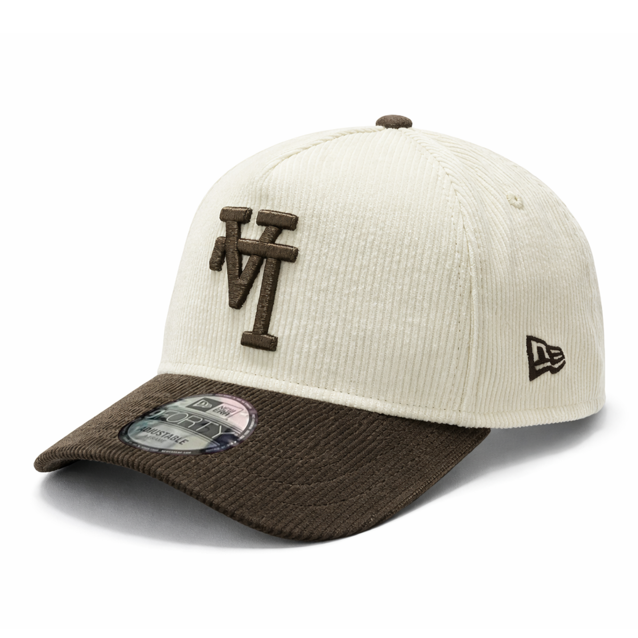 front view of a New Era Los Angeles Dodgers upside down corduroy 9FORTY A-Frame snapback hat in cream with a walnut brown visor and chrome-style LA logo Snapback
