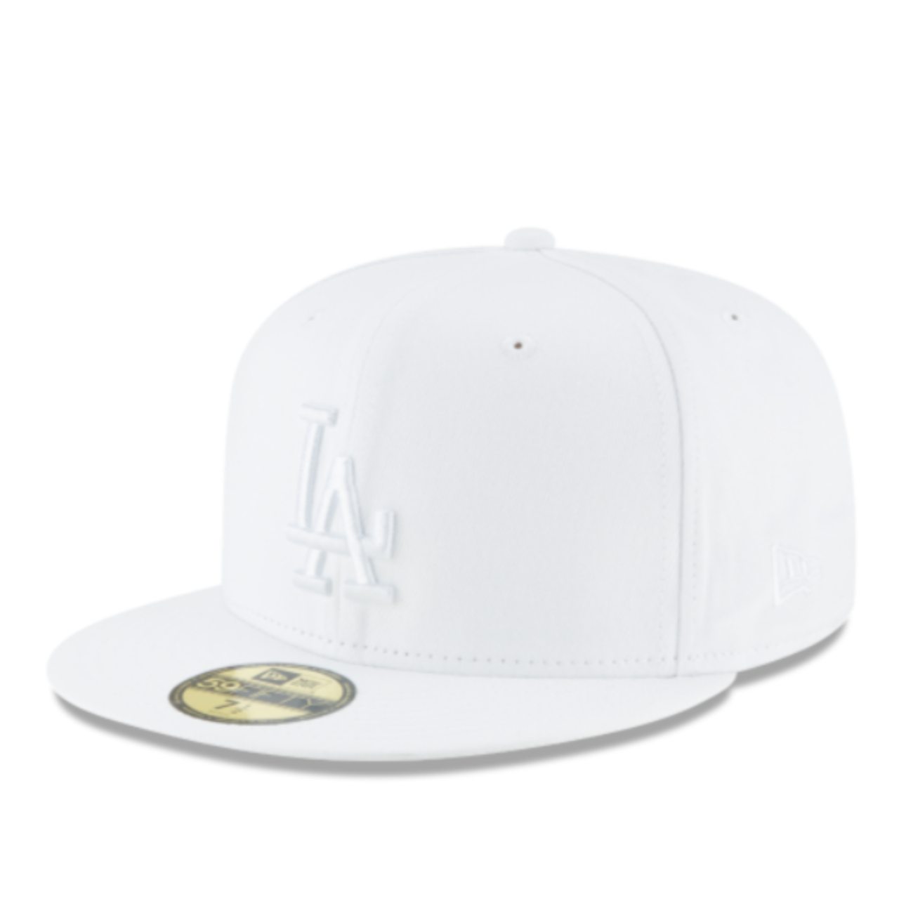 New Era Los Angeles Dodgers white on white 59FIFTY fitted hat front side view with white LA logo