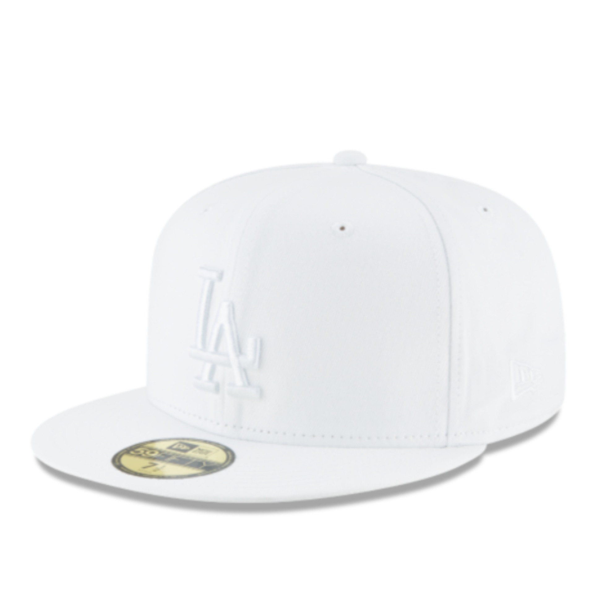 New Era Los Angeles Dodgers white on white 59FIFTY fitted hat front side view with white LA logo