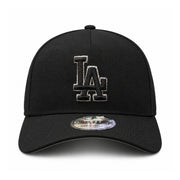 Front view of New Era Los Angeles Dodgers 9FORTY A-Frame black snapback with raised black LA logo and metallic silver outline