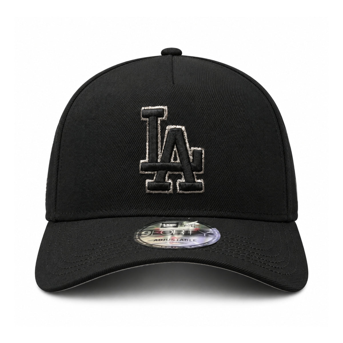 Front view of New Era Los Angeles Dodgers 9FORTY A-Frame black snapback with raised black LA logo and metallic silver outline