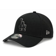 Opposite angled view of the black Los Angeles Dodgers 9FORTY A-Frame snapback showing the metallic silver New Era flag and curved visor