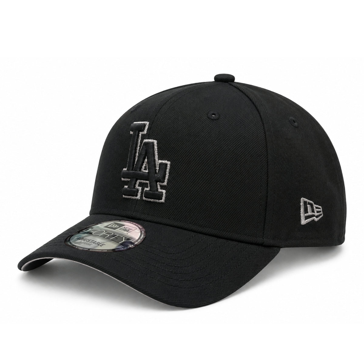 Opposite angled view of the black Los Angeles Dodgers 9FORTY A-Frame snapback showing the metallic silver New Era flag and curved visor