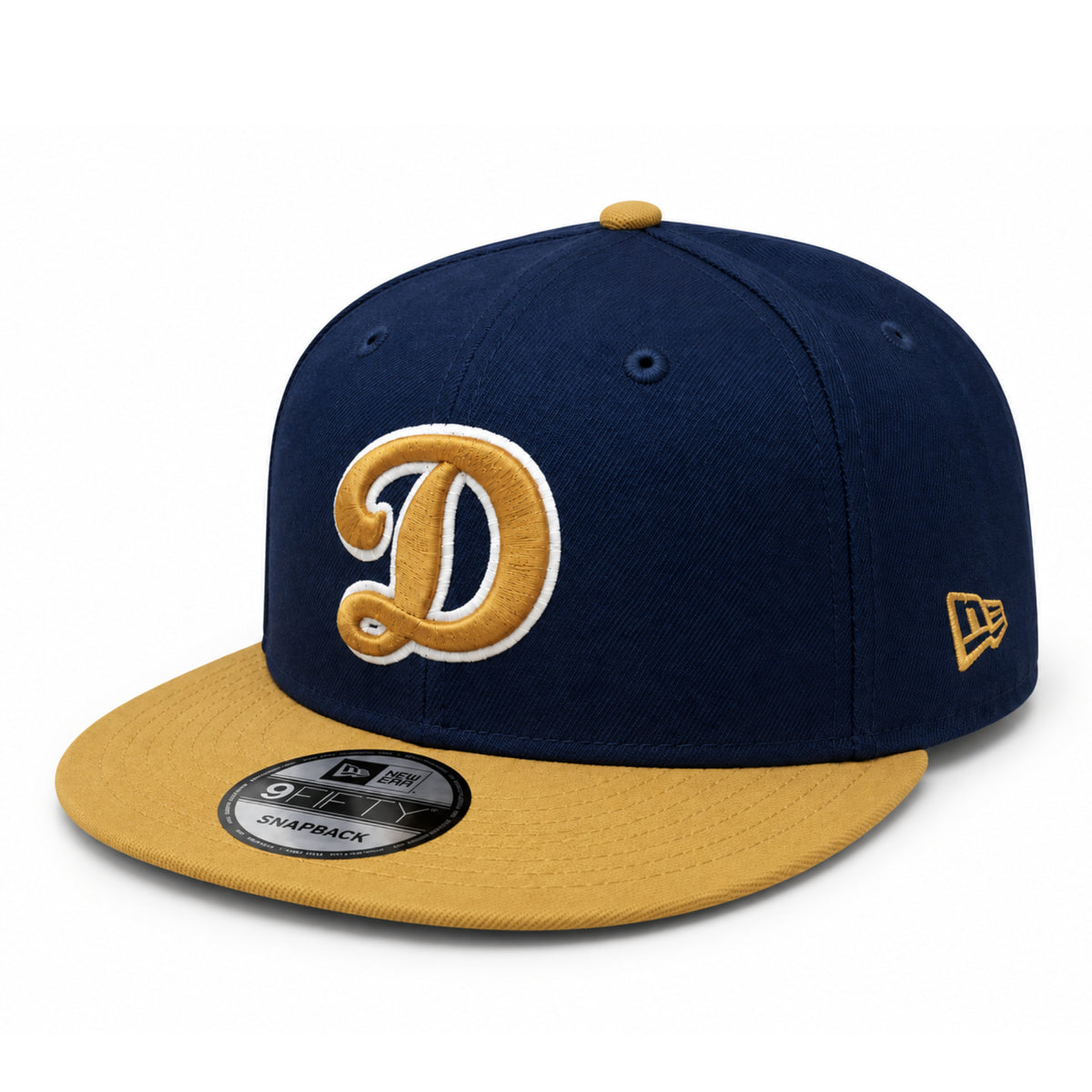 New Era Los Angeles Dodgers D Logo Navy/Bronze 9FIFTY Snapback Hat front angled view