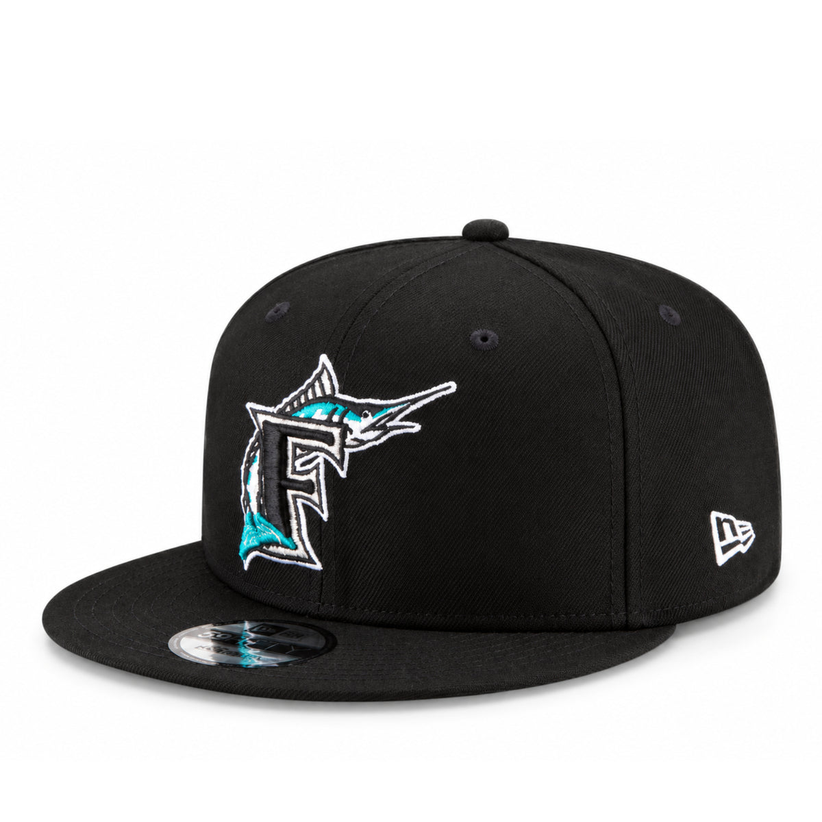 New Era Florida Marlins Black Cooperstown 9FIFTY Snapback Hat front angled view