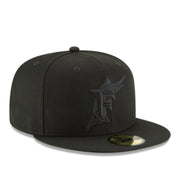 New Era Florida Marlins Cooperstown 59FIFTY Fitted Hat - Black on Black front right angle view