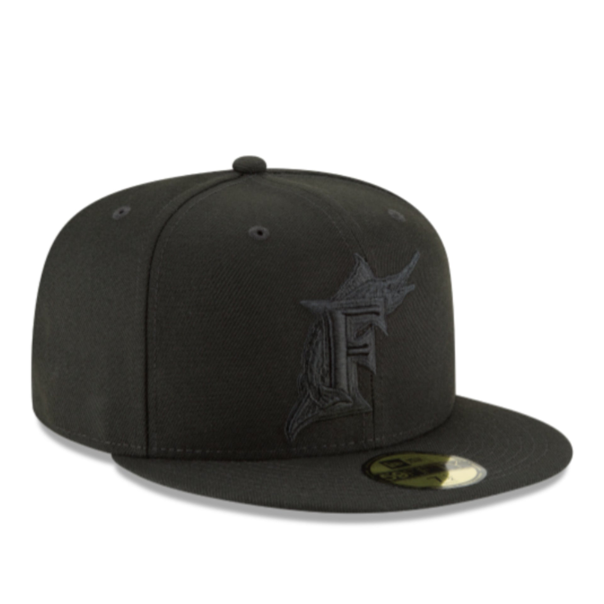 New Era Florida Marlins Cooperstown 59FIFTY Fitted Hat - Black on Black front right angle view