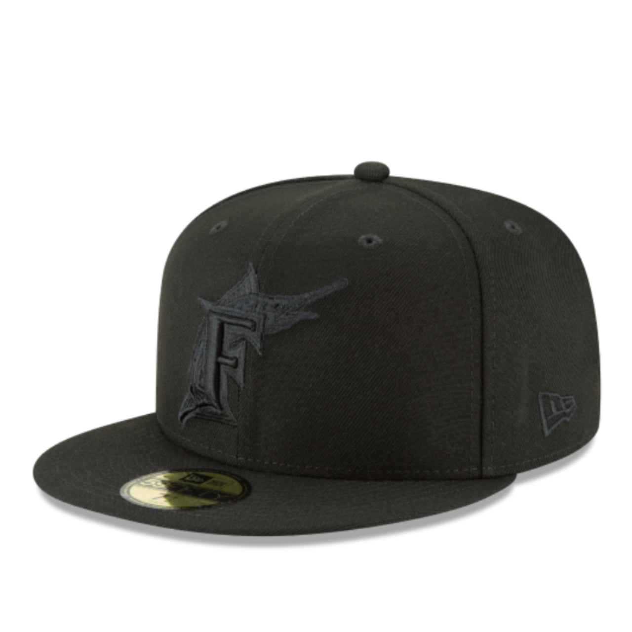New Era Florida Marlins Cooperstown 59FIFTY Fitted Hat - Black on Black front side view