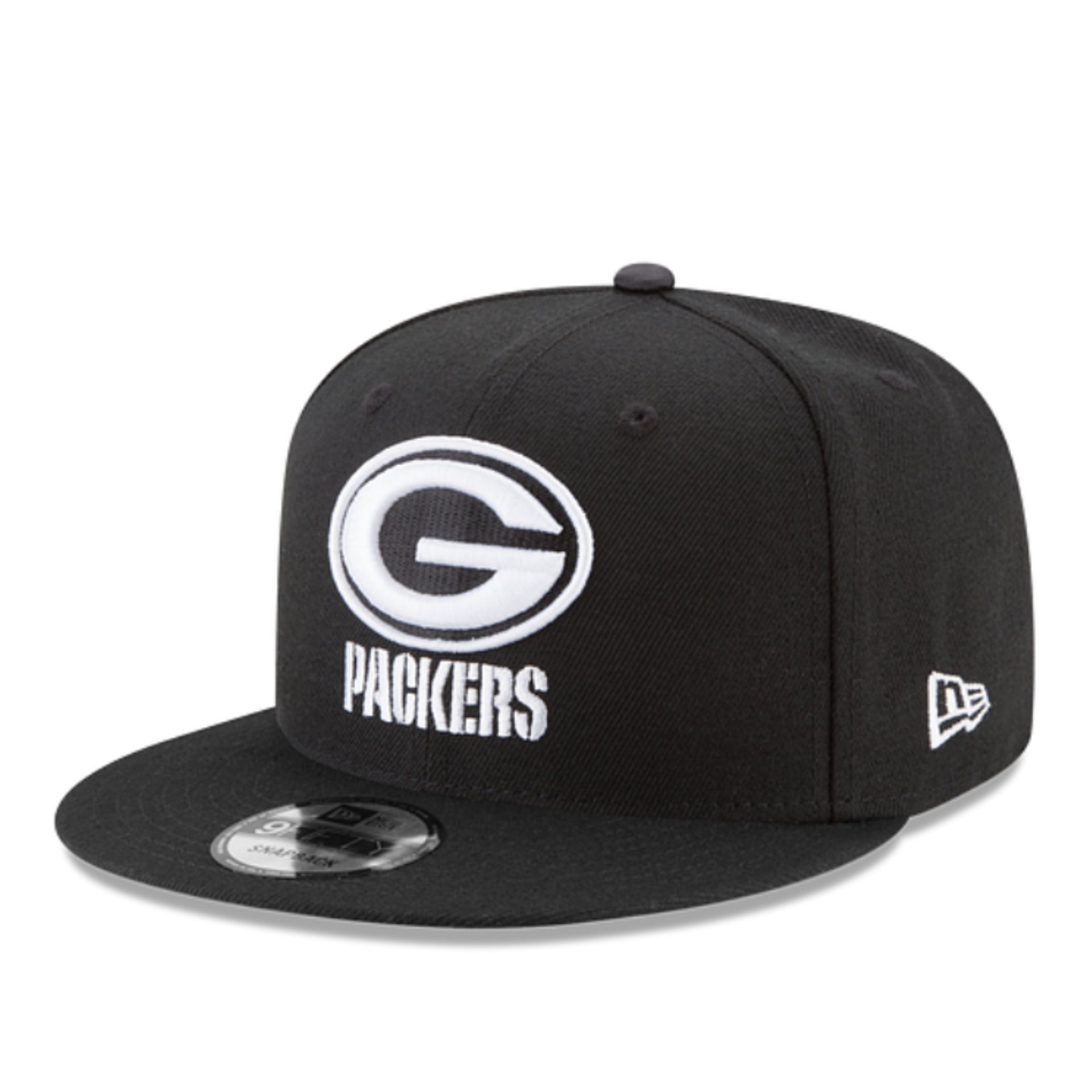 New Era Green Bay Packers G 9FIFTY Snapback Hat Black White front side view