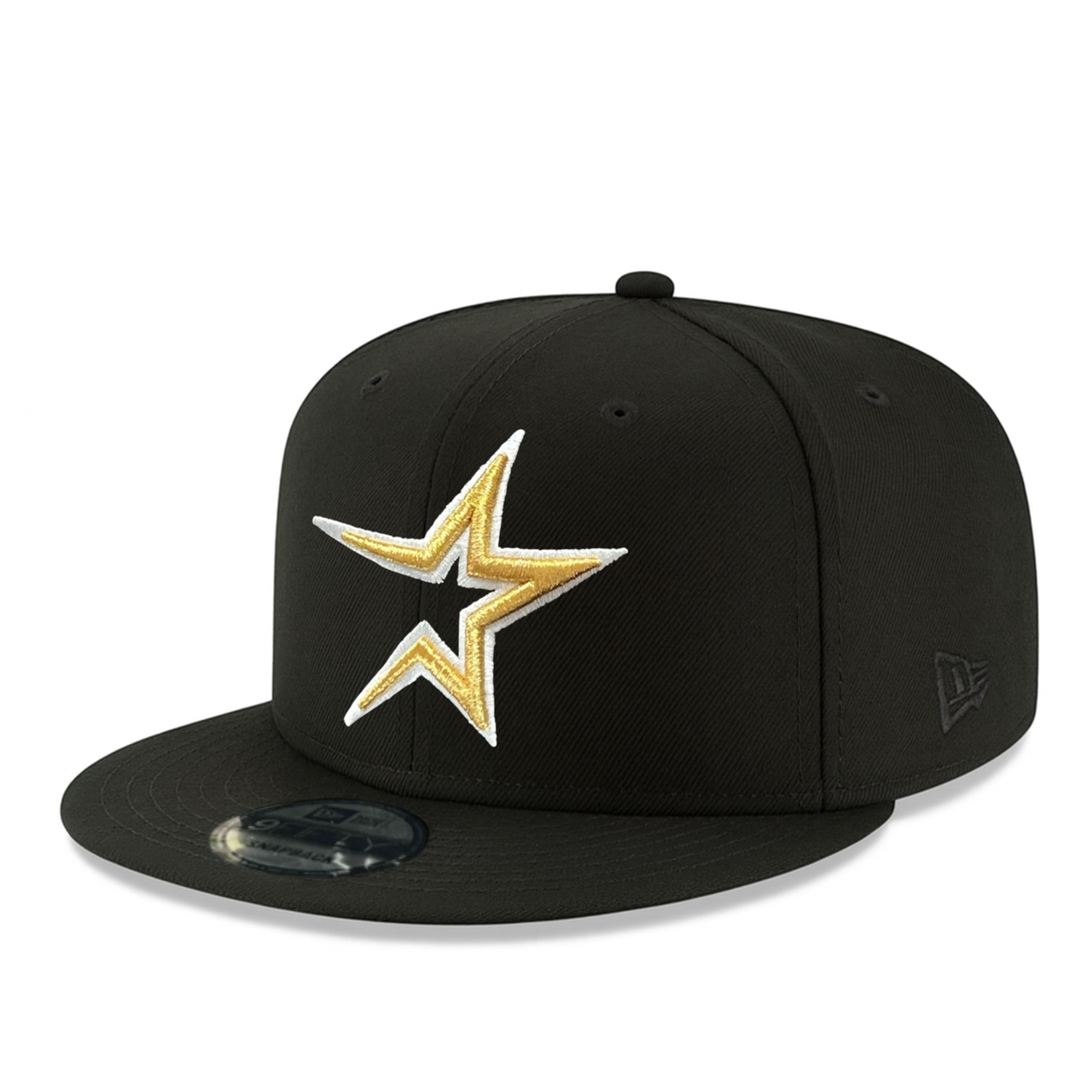 New Era Houston Astros Cooperstown Black Gold 9FIFTY Snapback Hat front angle view