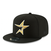 New Era Houston Astros Cooperstown Black Gold 9FIFTY Snapback Hat front angle view