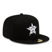 New Era Houston Astros black and white 59FIFTY fitted hat with white star logo and gray under visor front right view