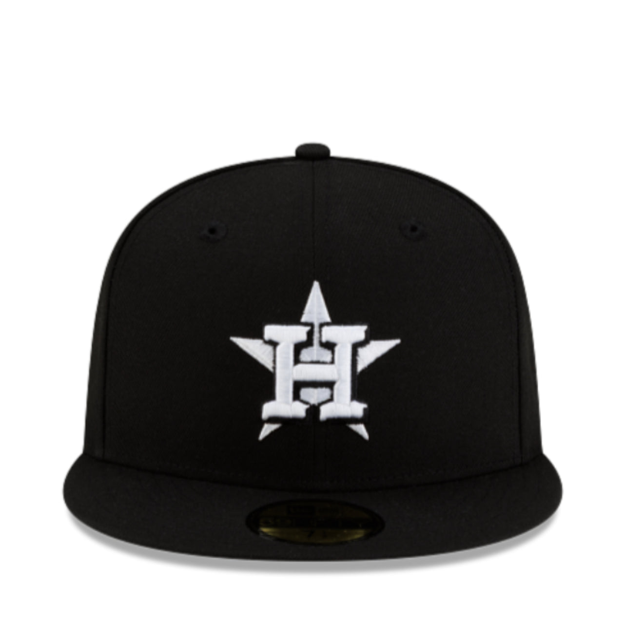 New Era Houston Astros black and white 59FIFTY fitted hat with white star logo and gray under visor front view