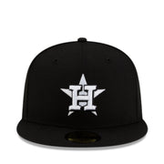 New Era Houston Astros black and white 59FIFTY fitted hat with white star logo and gray under visor front view