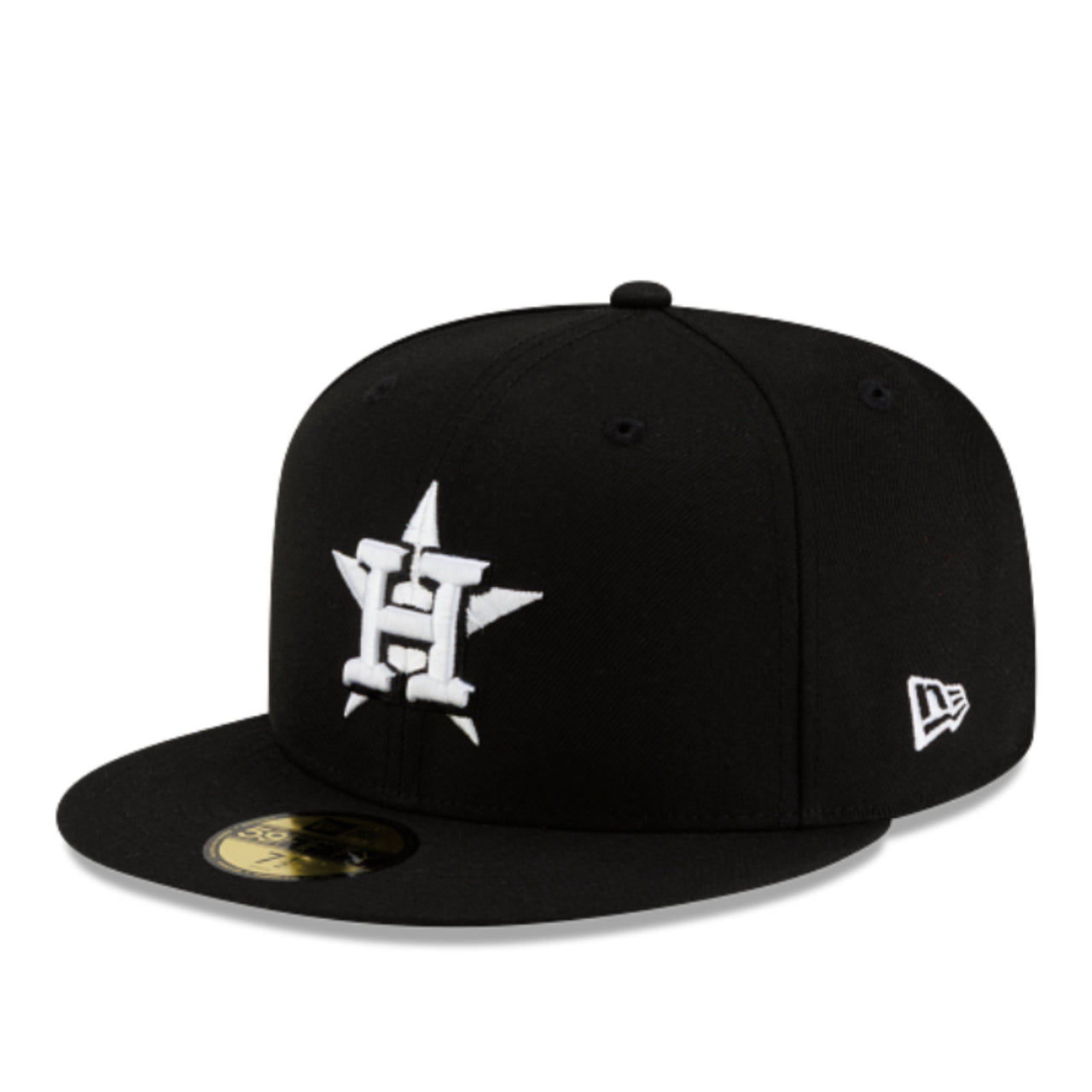 New Era Houston Astros black and white 59FIFTY fitted hat with white star logo and gray under visor front left view
