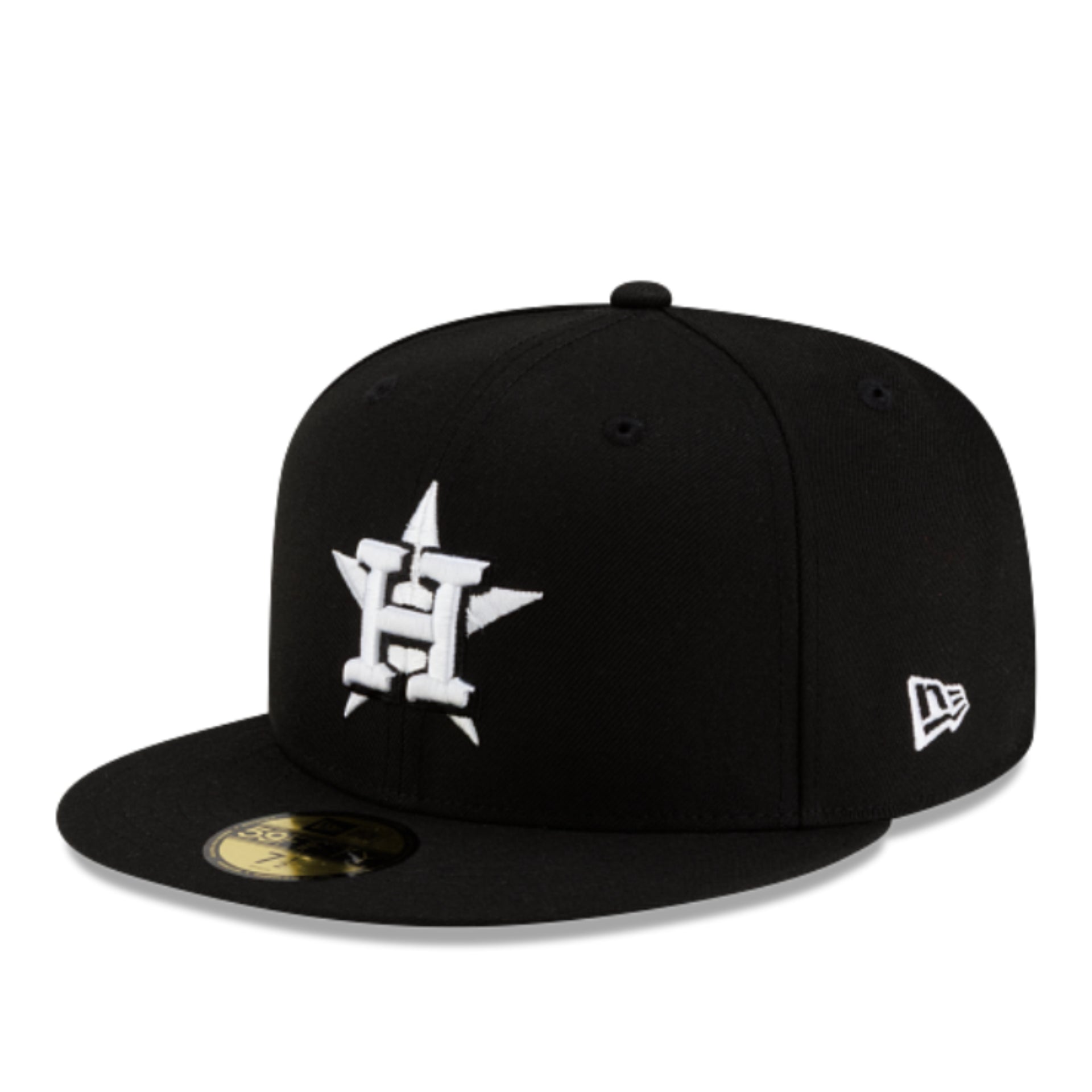 New Era Houston Astros black and white 59FIFTY fitted hat with white star logo and gray under visor front left view