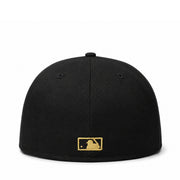 back view of New Era Houston Astros Cooperstown 59FIFTY fitted hat in black with metallic gold star logo and gold MLB back logo.