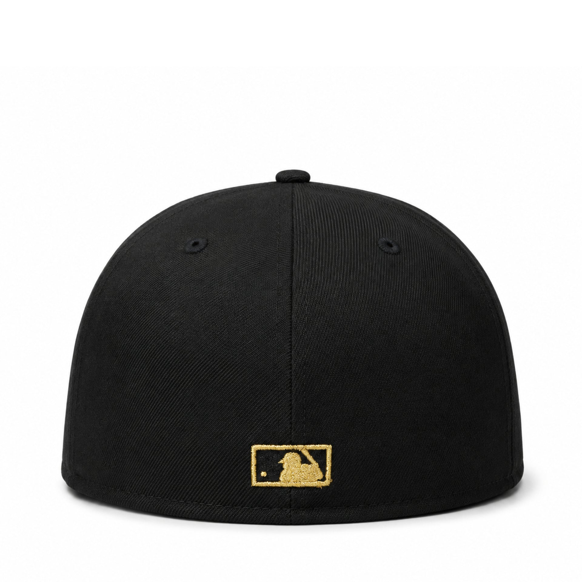 back view of New Era Houston Astros Cooperstown 59FIFTY fitted hat in black with metallic gold star logo and gold MLB back logo.