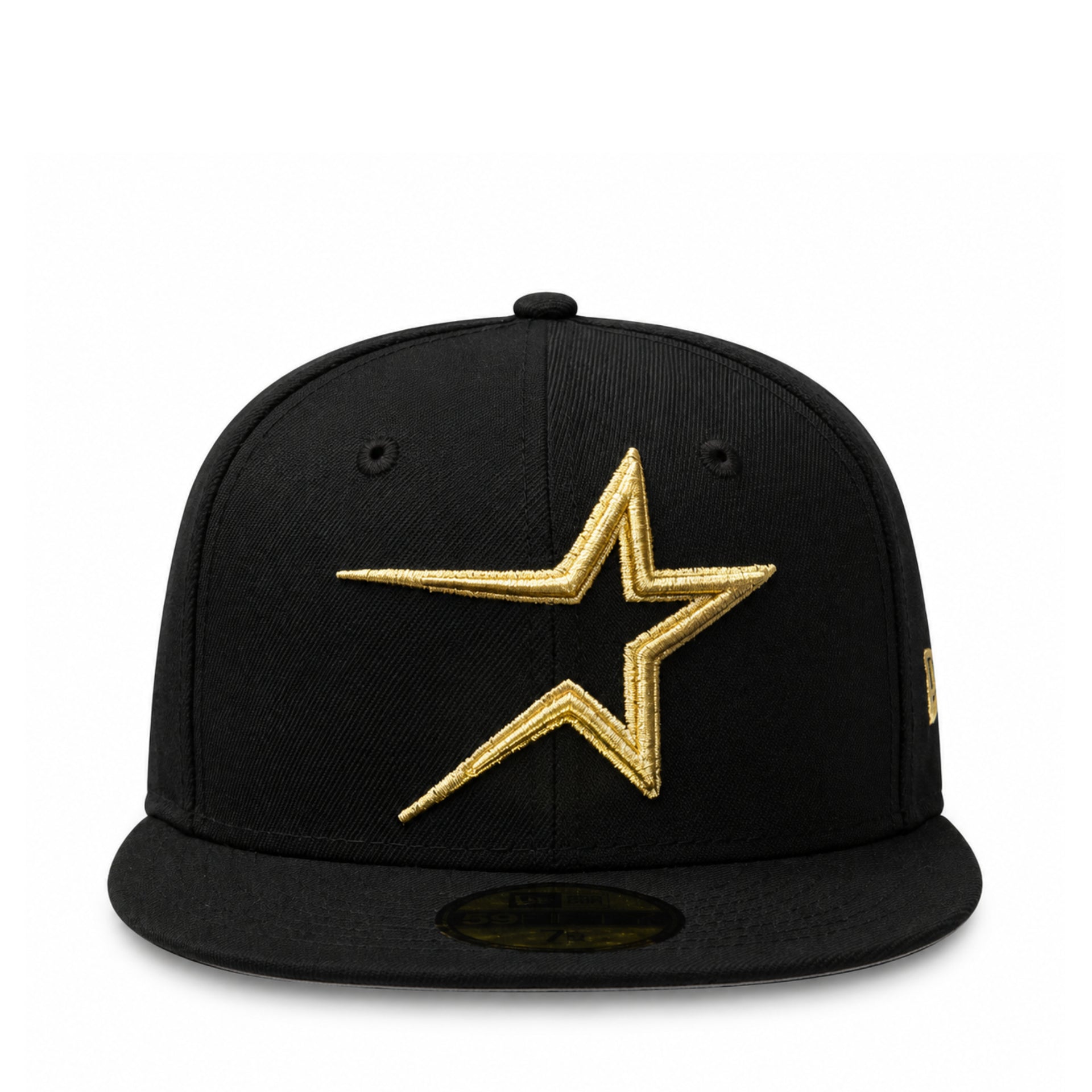 front view of New Era Houston Astros Cooperstown 59FIFTY fitted hat in black with metallic gold star logo and gold MLB back logo.