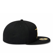 side view of New Era Houston Astros Cooperstown 59FIFTY fitted hat in black with metallic gold star logo and gold MLB back logo.