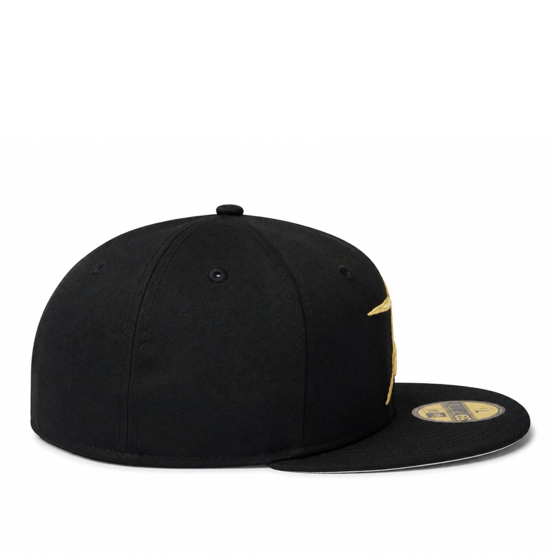 side view of New Era Houston Astros Cooperstown 59FIFTY fitted hat in black with metallic gold star logo and gold MLB back logo.