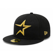 New Era Houston Astros Cooperstown 59FIFTY fitted hat in black with metallic gold star logo and gold MLB back logo.