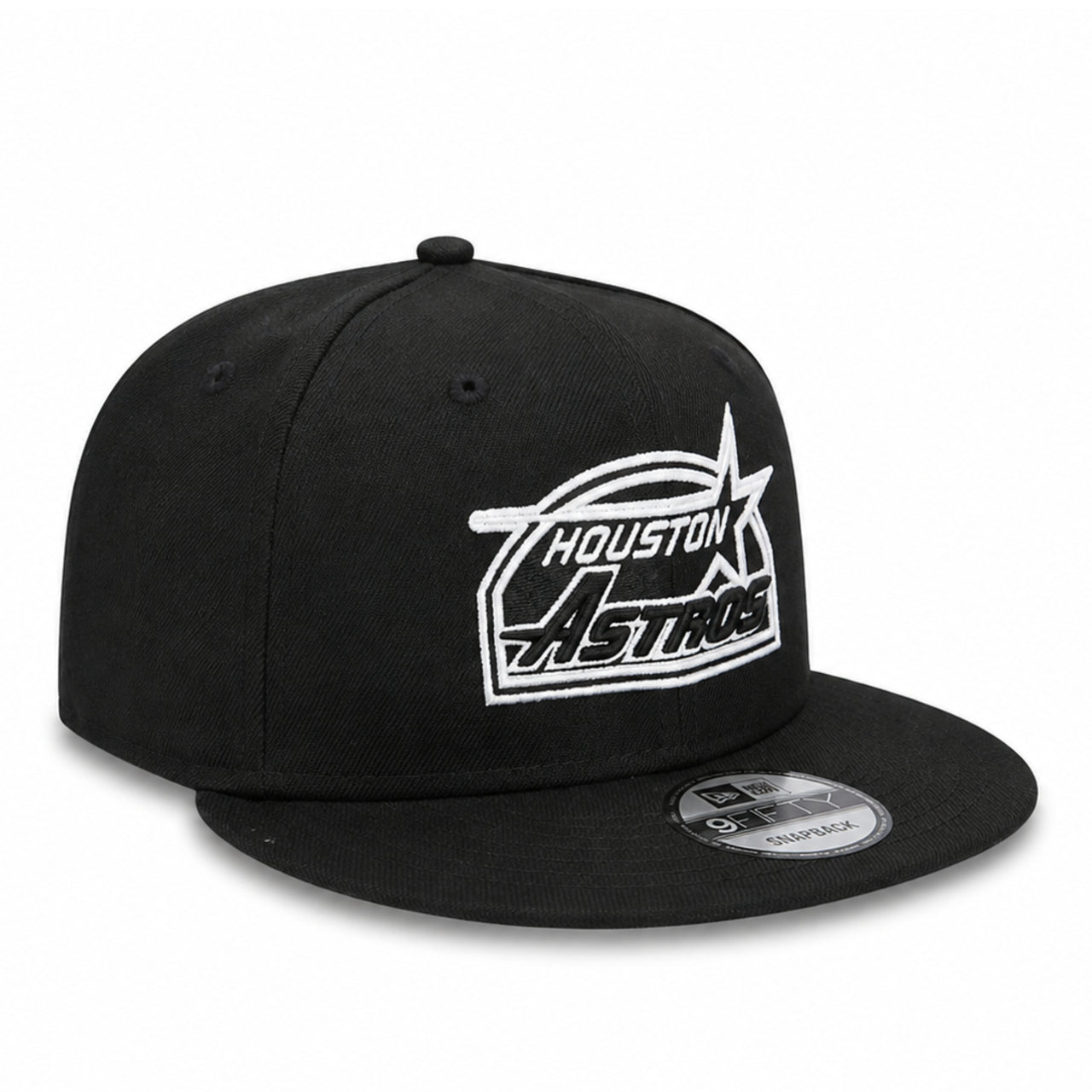 other side view of New Era Houston Astros Cooperstown 9FIFTY snapback hat in black featuring embroidered Astros logo and adjustable snapback closure.