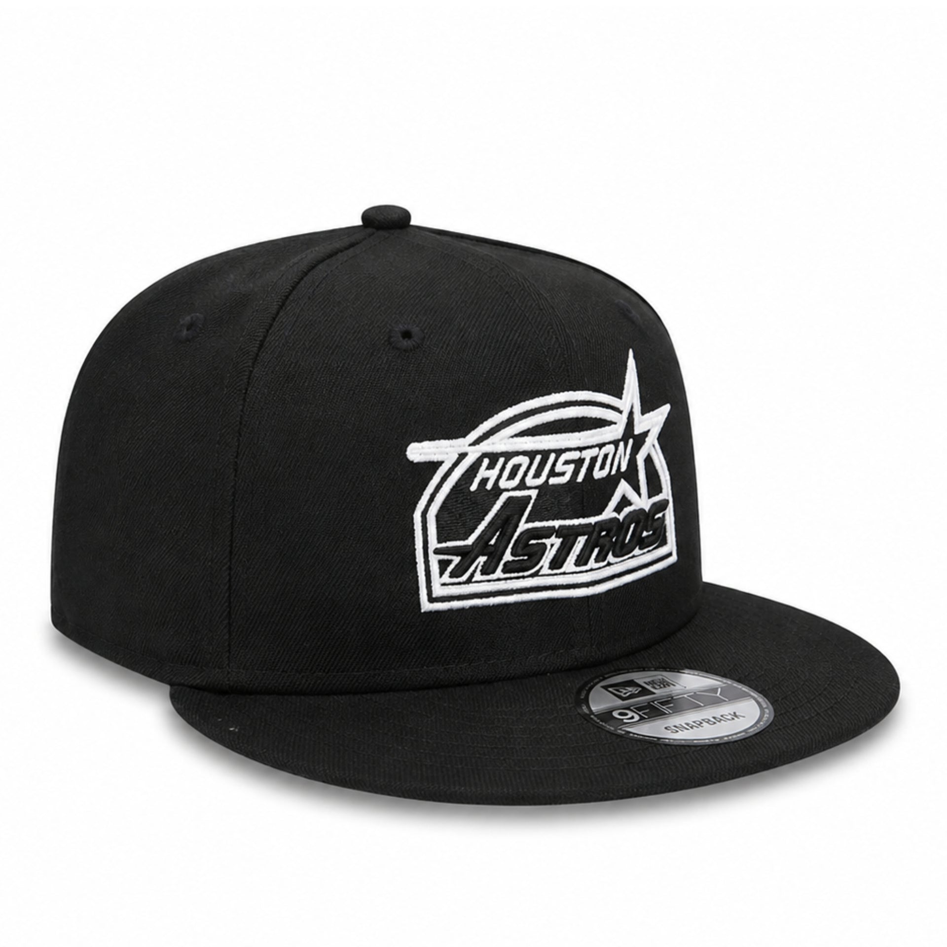 other side view of New Era Houston Astros Cooperstown 9FIFTY snapback hat in black featuring embroidered Astros logo and adjustable snapback closure.