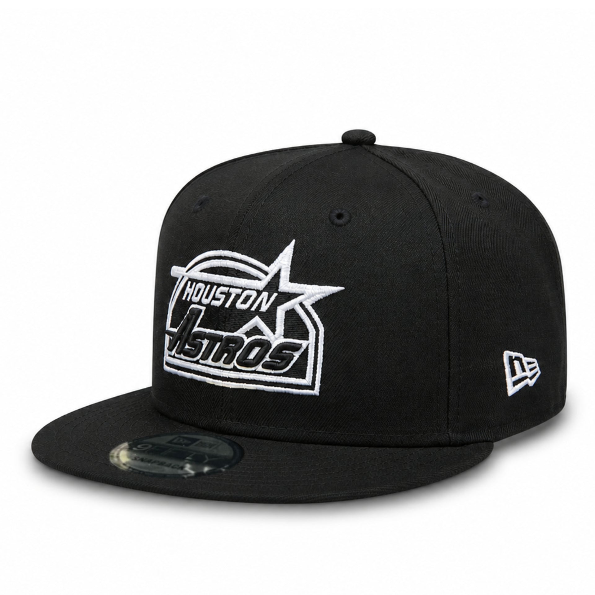 New Era Houston Astros Cooperstown 9FIFTY snapback hat in black featuring embroidered Astros logo and adjustable snapback closure.