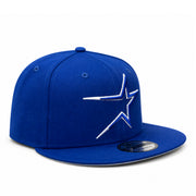 angled view of New Era Houston Astros blue 9FIFTY snapback hat with white and blue star logo, flat visor, and adjustable snapback closure.