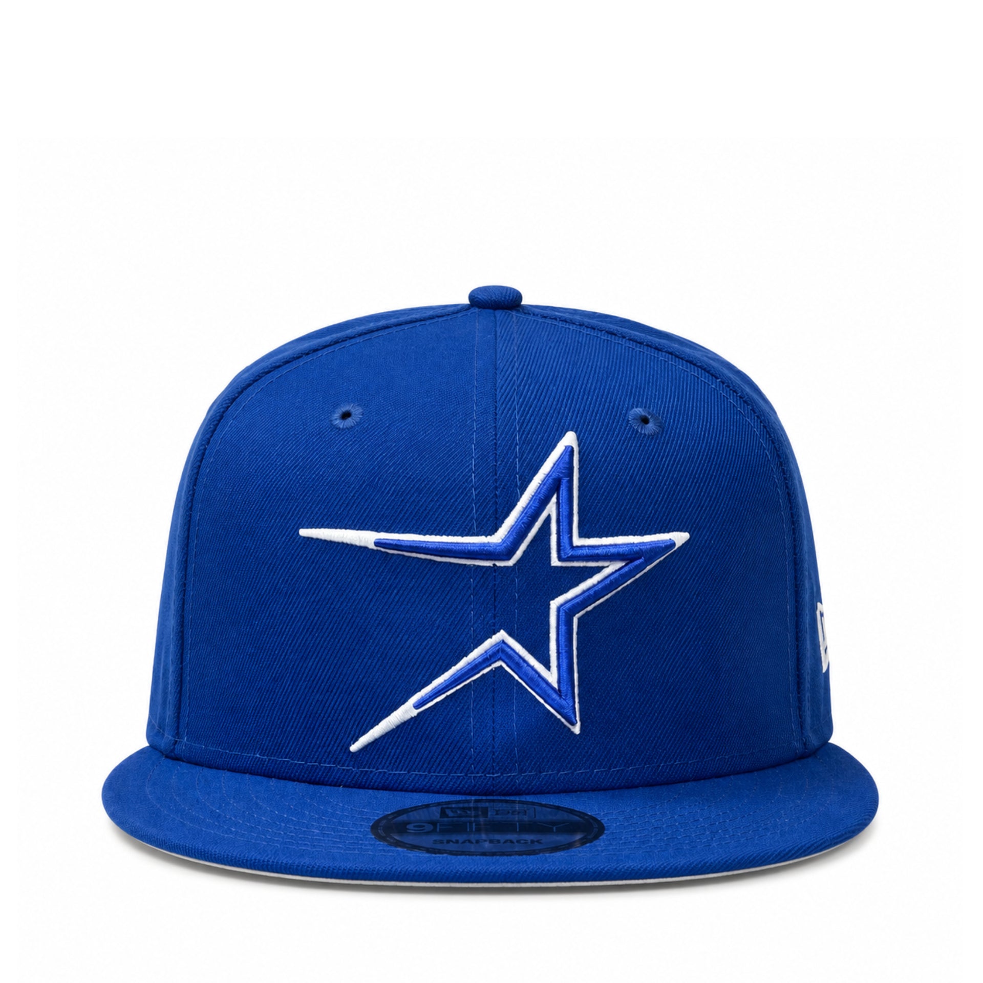 front view of New Era Houston Astros blue 9FIFTY snapback hat with white and blue star logo, flat visor, and adjustable snapback closure.