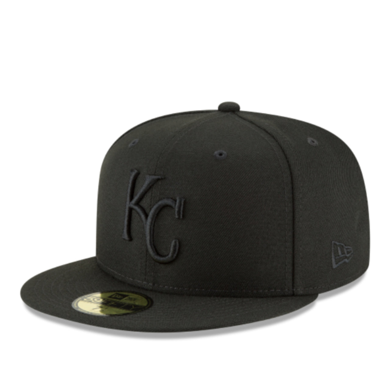 New Era Kansas City Royals KC Black on Black 59FIFTY Fitted Hat front left angle view
