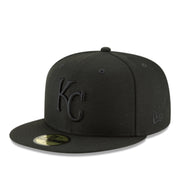 New Era Kansas City Royals KC Black on Black 59FIFTY Fitted Hat front left angle view