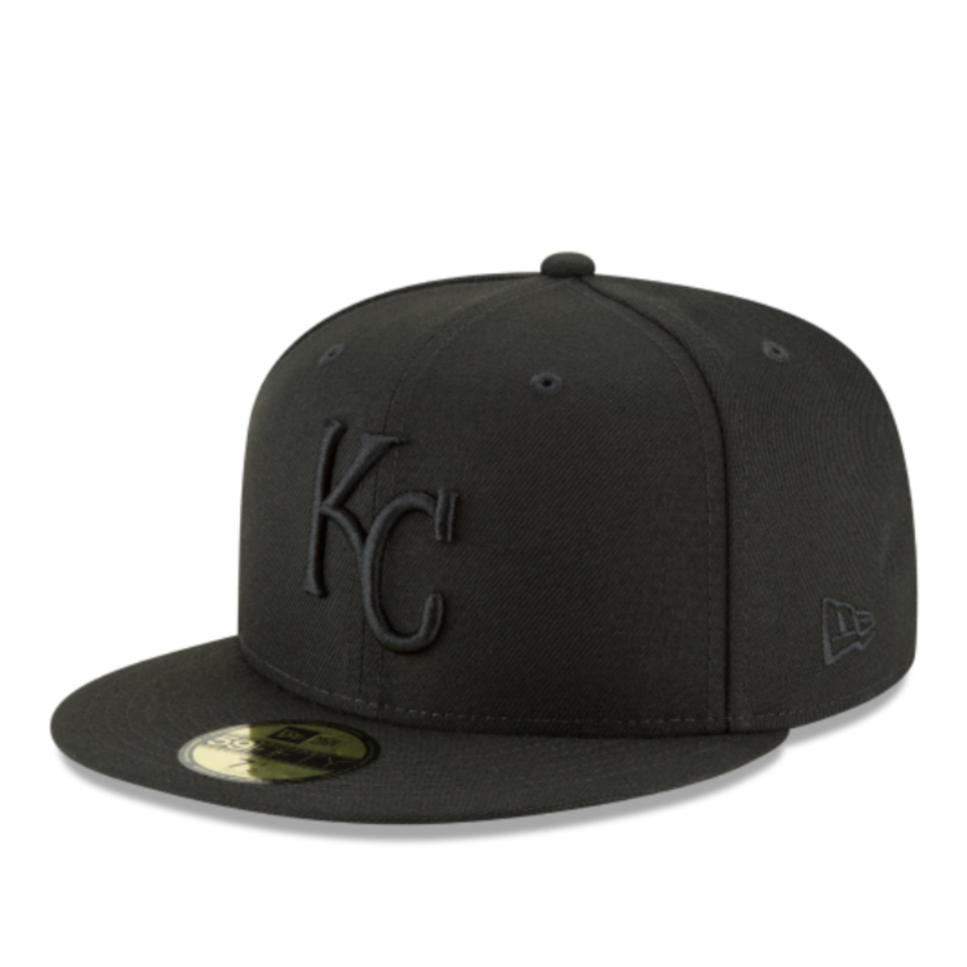New Era Kansas City Royals KC Black on Black 59FIFTY Fitted Hat front left angle view