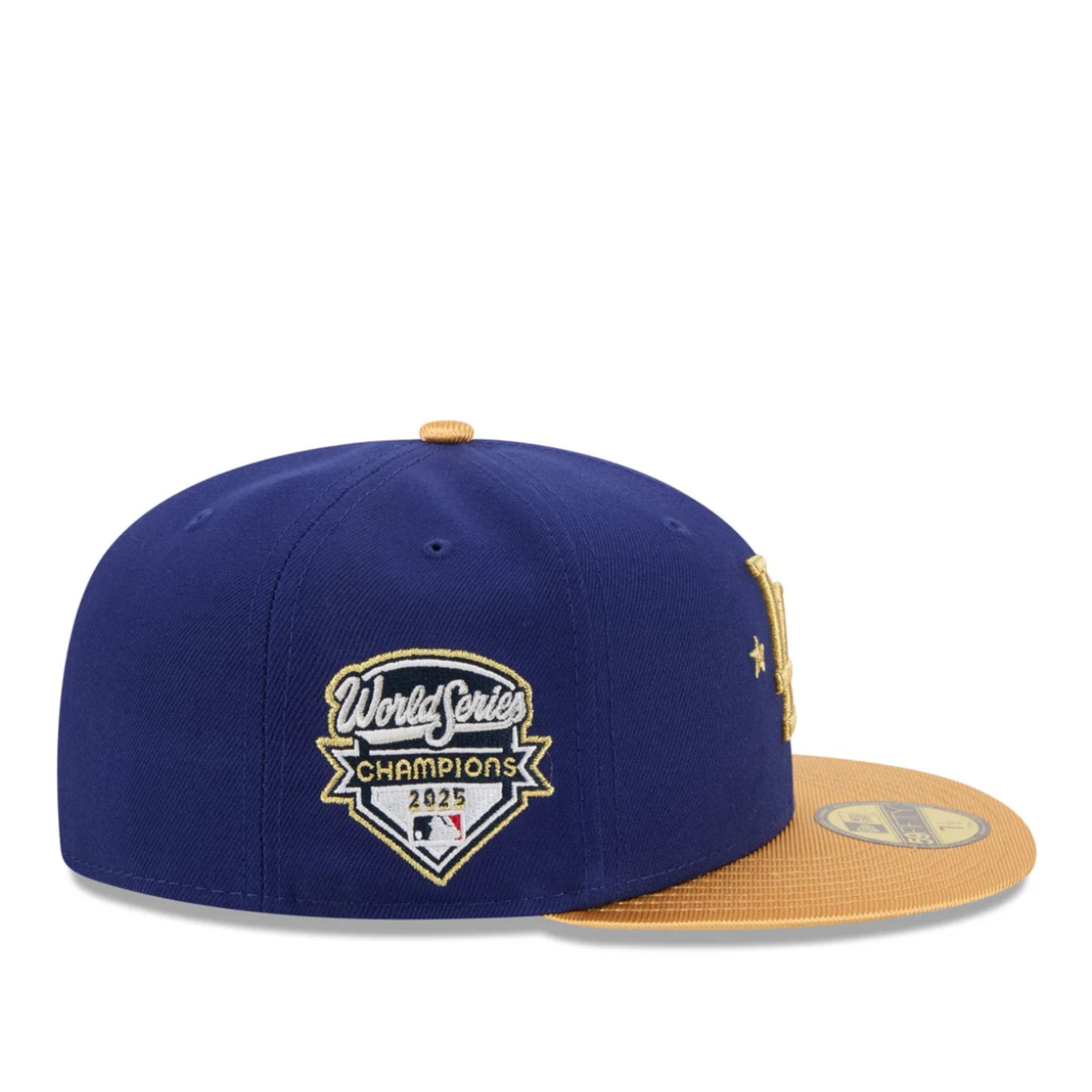 New Era Kids Los Angeles Dodgers 2025 World Series Champions Gold 59FIFTY Fitted Hat side patch view