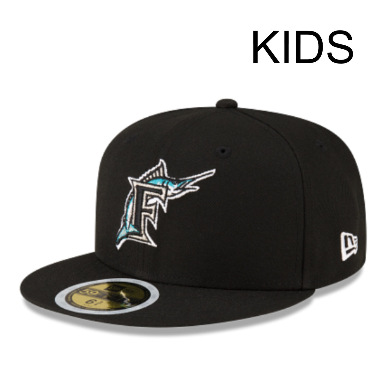 New Era Youth Florida Marlins Black 59FIFTY Fitted Hat front angle view