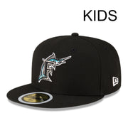 New Era Youth Florida Marlins Black 59FIFTY Fitted Hat front angle view