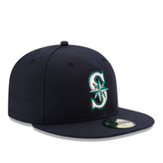 New Era YOUTH Seattle Mariners Navy Authentic Collection 59FIFTY Fitted Hat front right angle view