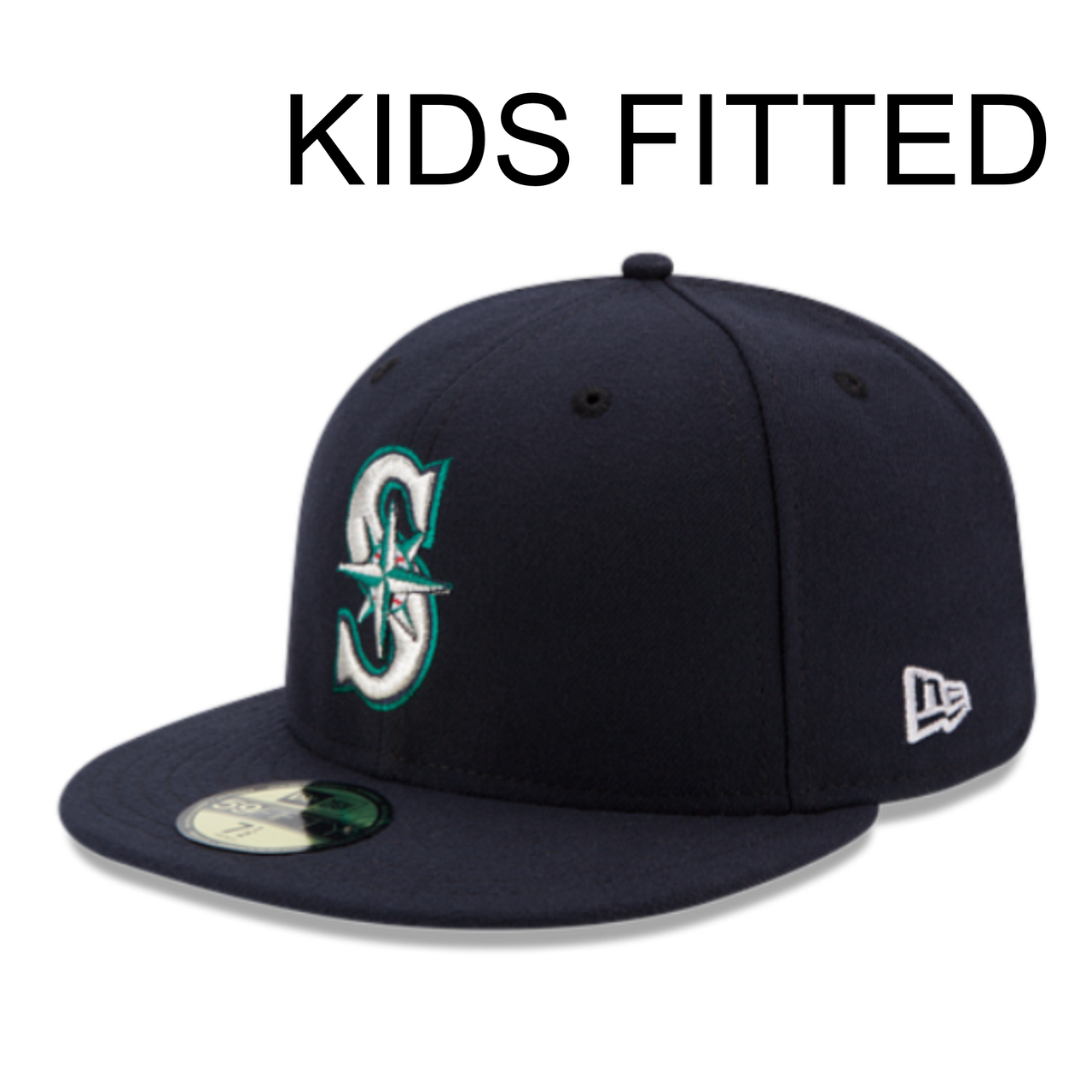 New Era YOUTH Seattle Mariners Navy Authentic Collection 59FIFTY Fitted Hat front left angle view