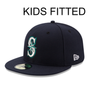 New Era YOUTH Seattle Mariners Navy Authentic Collection 59FIFTY Fitted Hat front left angle view