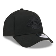 New Era Los Angeles Lakers Black on Black 9FORTY A-Frame Snapback Hat front right angle view