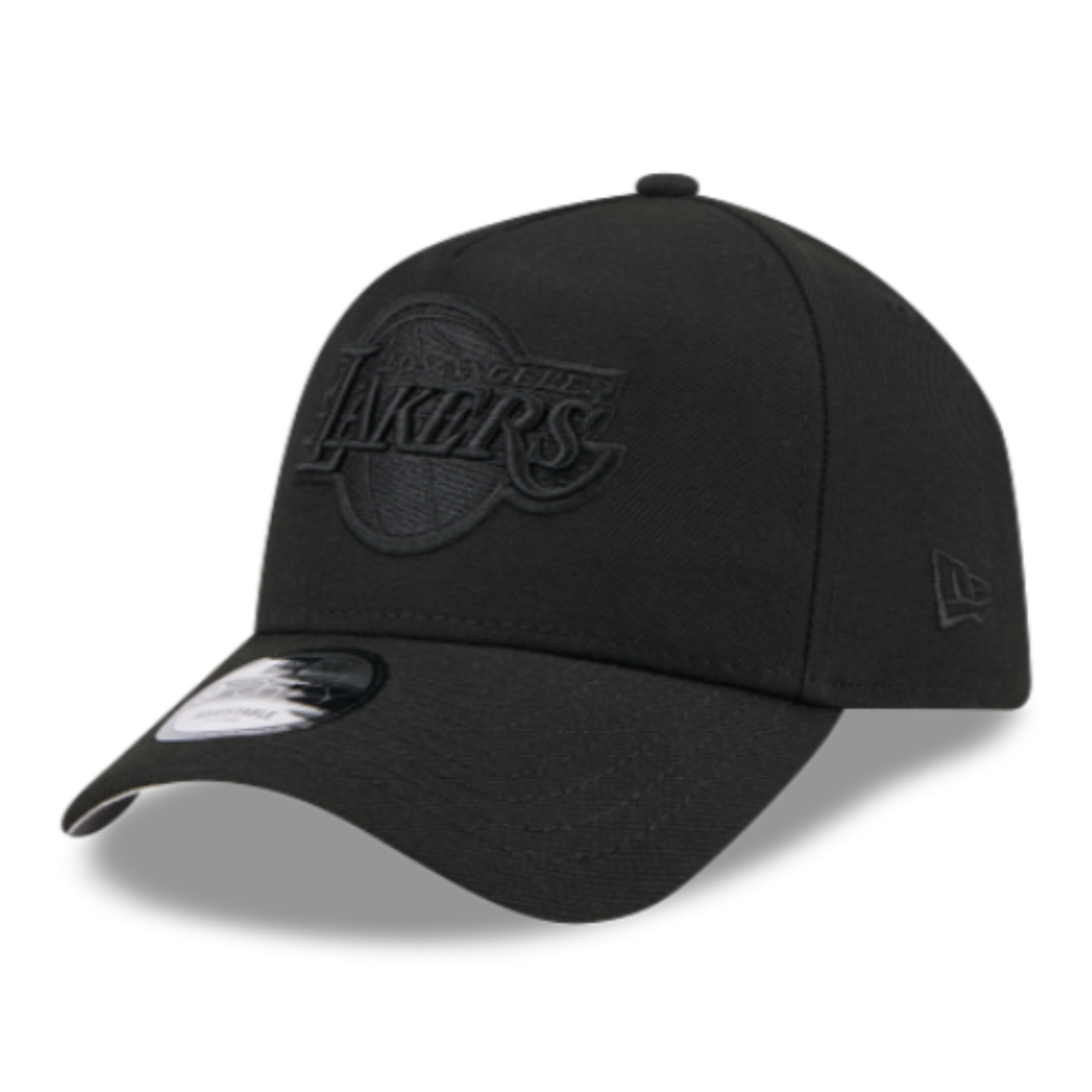 New Era Los Angeles Lakers Black on Black 9FORTY A-Frame Snapback Hat front left angle view