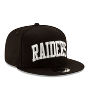 New Era Las Vegas Raiders College Arched Script Black White 9FIFTY Snapback Hat right front view